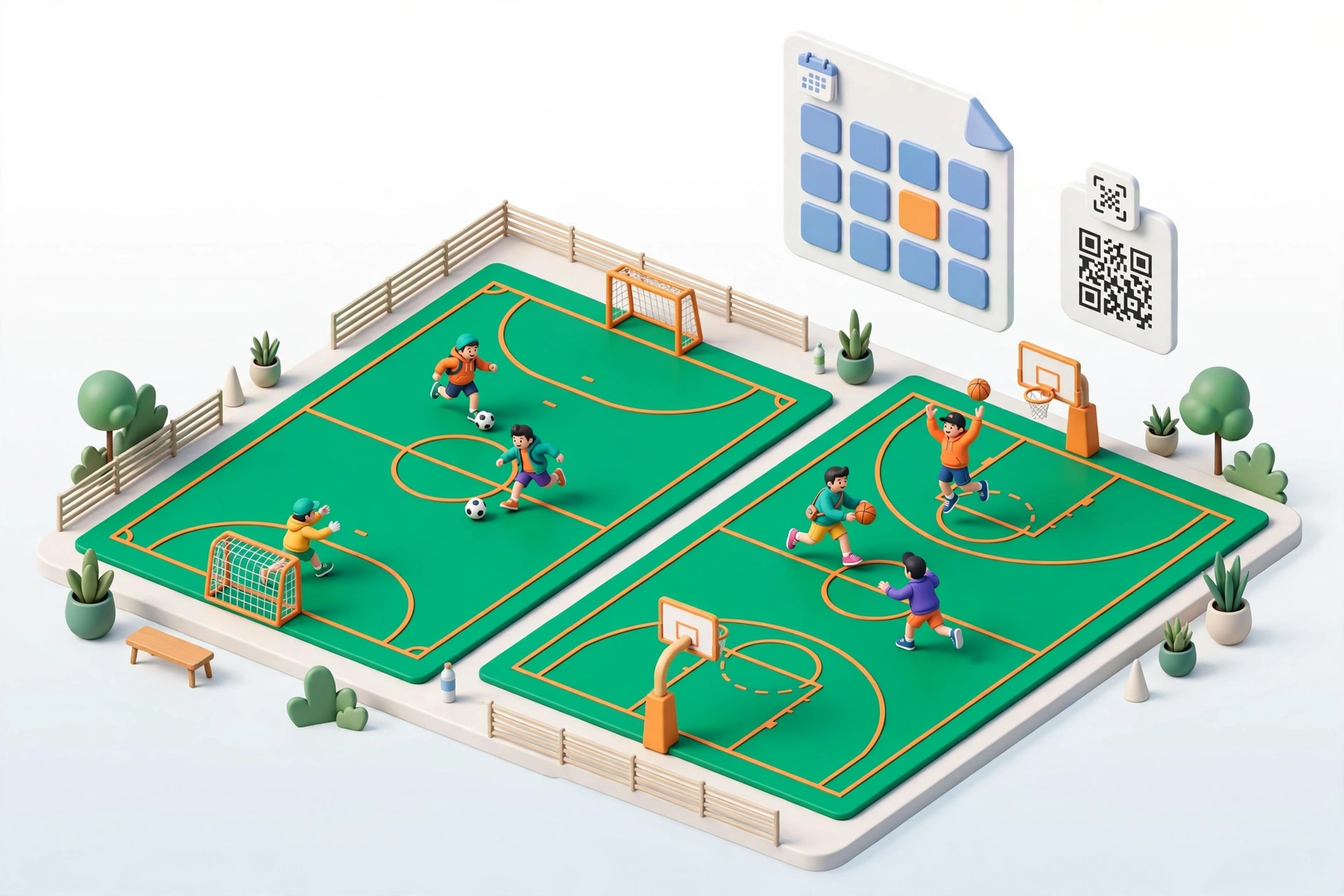 Ilustrasi 3D lapangan futsal dan basket MultiSport